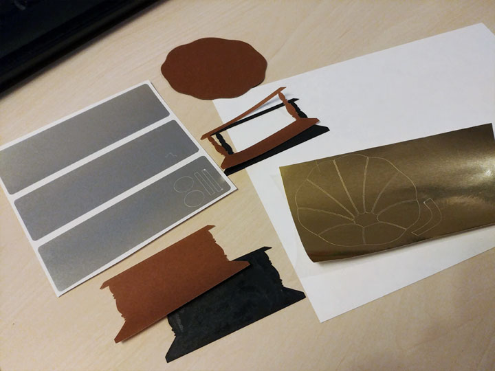 The parts all cut out for a antique gramophone birthday card